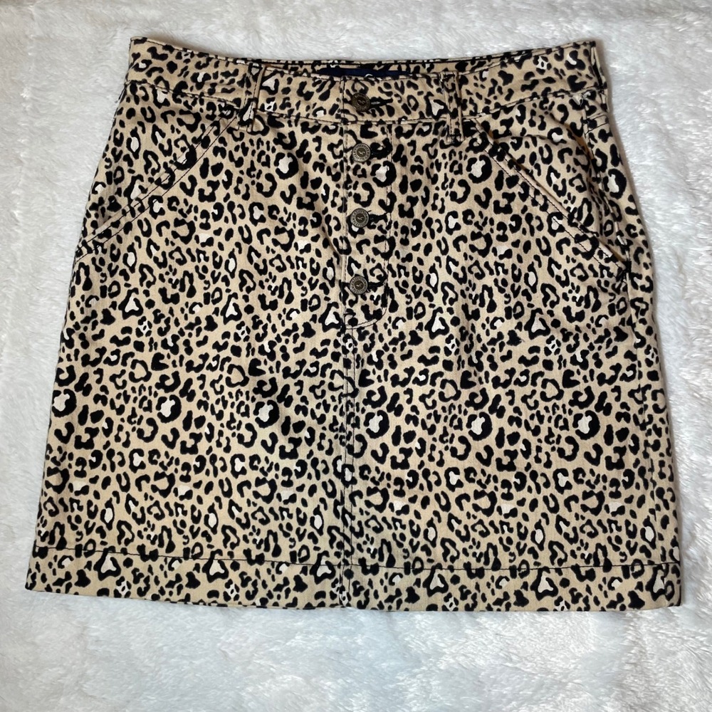 Hollister Leopard Print Denim Mini‎ Skirt Ultra High Rise Size 9 W29 90s Grunge